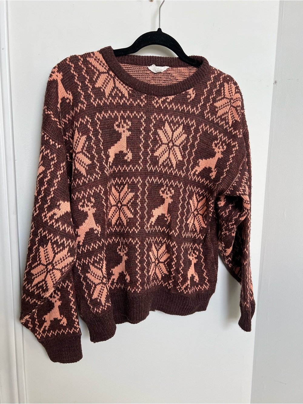 Retro Brown Reindeer Snowflake Nordic Knit Sweater M - Picture 2 of 5